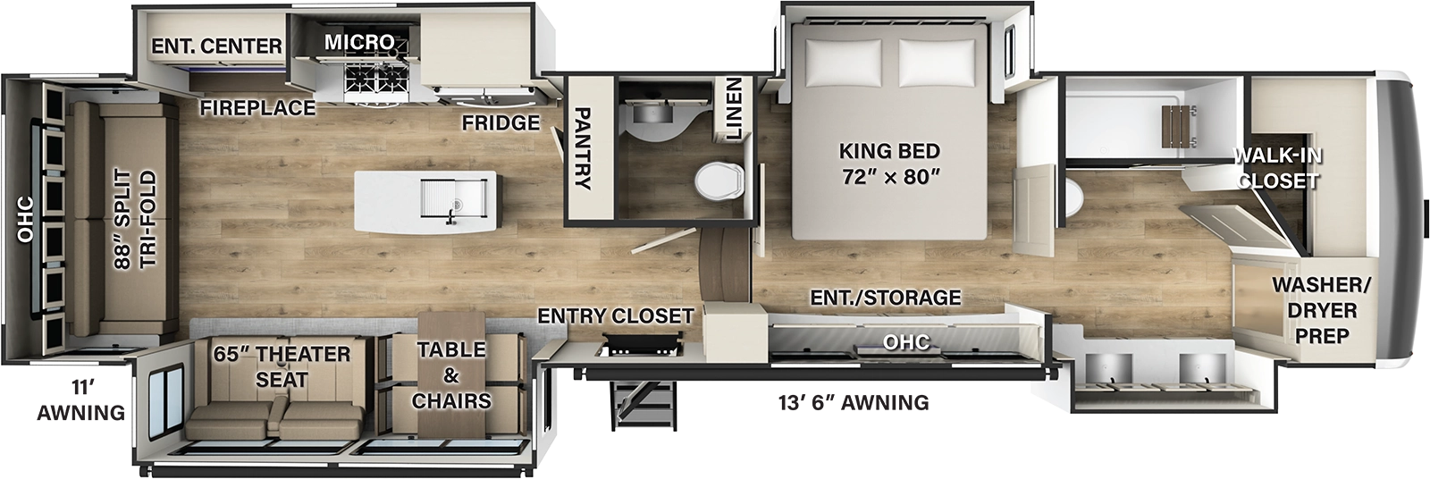 The 383FB has 4 slide outs, 2 on the road side and two on the camp side, along with one entry door on the camp side. Interior layout from front to back: front bathroom with walk in closet and two sinks and cabinets in the camp side slide out, bedroom with king size bed in the road side slide out, half bath, kitchen dining, living area with the road side slide out containing residential refrigerator, cooktop with oven and overhead microwave, TV entertainment area; The camp side slide out containing freestanding table and chairs and theater seating. 